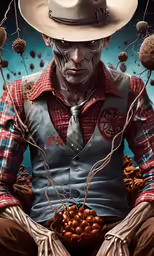 the artwork shows the man holding some items in his hands