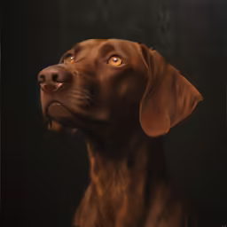 a brown dog with yellow eyes stares straight ahead