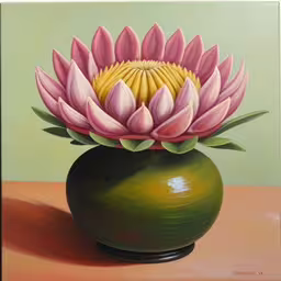 a painting of a green vase with a pink flower in it,this is a painting of a pink flower in a vase