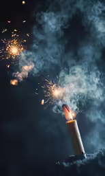 a small lit candle on top of a mountain with lots of fireworks