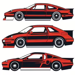 three images showing the front, back and side views of a car,this is an image of the silhouettes of cars,two cars side by side and side, with one side red,three different types of car decals,red race car, with other views