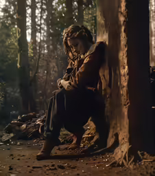 a person sitting down in the woods wearing all black