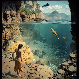 a woman in a dress standing near rocks and looking at a turtle