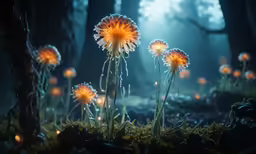 many glowing flowers and grass in the dark woods