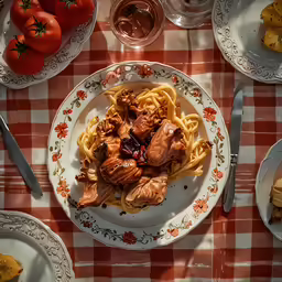 a meal of pasta with meat and cranberry sauce