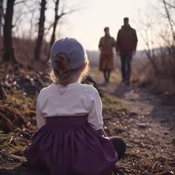 a young girl sitting on the ground while a man walks beside her