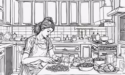 a girl cooking in the kitchen with an apron and spatula,a woman working in the kitchen, while her hands are on a dish