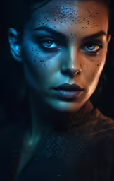 a beautiful woman with creative make up and freckled face