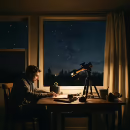 a man in a room with telescope on the table