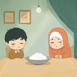 two children sitting at a table in front of a bowl