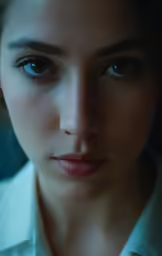 a young woman with very large eyes staring at the camera