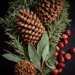 pine cones and cherries sit on a black background