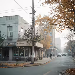 a small street that has some people walking by it