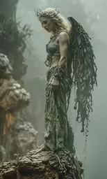 a woman in the forest standing on a rock
