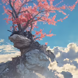 a statue is surrounded by pink flowers on a bright blue sky