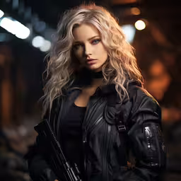 woman in leather jacket standing on a bridge with gun in hand,a blonde woman wearing leather clothes and holding a gun