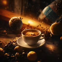 a cup of coffee with nuts and spices beside it