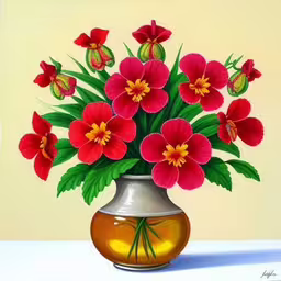 /tmp/FOOLk79Ze.jpg = a painting of a vase with flowers and leaves
,/tmp/FOOLk79Ze.jpg = this painting is very detailed and it looks great
,/tmp/FOOLk79Ze.jpg = there is a picture of an orange vase filled with flowers
,/tmp/FOOLk79Ze.jpg = red flowers in a vase with yellow and green leaves
,/tmp/FOOLk79Ze.jpg = the painting depicts bright red flowers in a metallic vase
,/tmp/FOOLk79Ze.jpg = a painting of some flowers in a vase
,/tmp/FOOLk79Ze.jpg = the painting shows red flowers in a small vase

