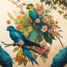 a couple of parrots are on some trees