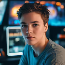 a boy sitting at a computer with a computer in the background