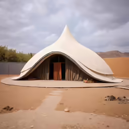 an open white tent sitting on top of a dirt field
