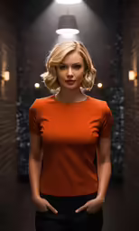 a woman in an orange top posing for a photo