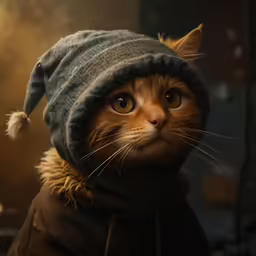 a cat wearing a hooded coat and a hood