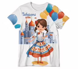girl with balloons printed on white tee shirt