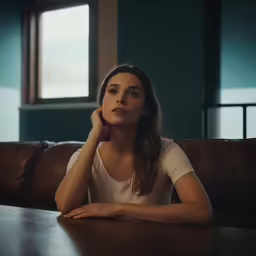 a woman sitting at a table with her hand near her chin