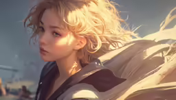 a close up of a person with blonde hair and a black top