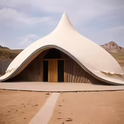 an out door tent set on a sandy floor with sand steps leading to it