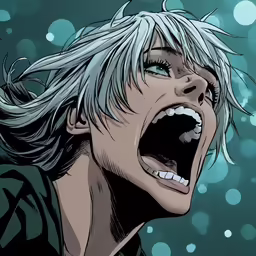 a character with white hair is yelling with his mouth open