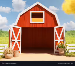 a red barn with white doors and a white picket fence,a wooden barn with a red door and white window