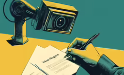 a man is writing on a piece of paper while holding a camera