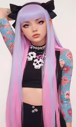 an adorable, pastel haired doll with black hair
