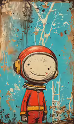 a painting of a cartoon character, in an orange outfit
