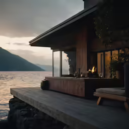 a log cabin at the edge of water next to a bench