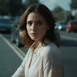 a woman stands on the side of a city street