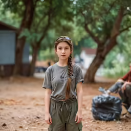 a young girl stands in front of a guy on the street