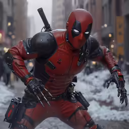 the deadpool in a city setting wearing all red with his body gear and weapons