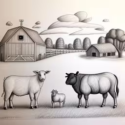 a pencil drawing of three sheep in a snowy pasture