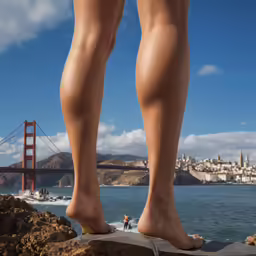 someone has their bare feet on the ground near a large body of water and a suspension bridge