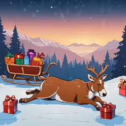 a reindeer laying on top of a snow covered ground next to gift boxes,a reindeer in the snow with presents on it