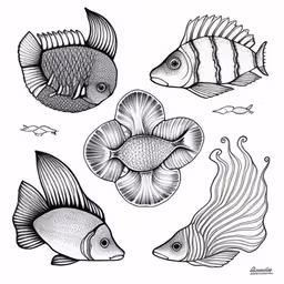 a set of fish drawn on white paper,various types of fish with wavy lines on them