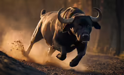 the large black dog runs through the dirt