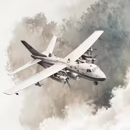 a white plane flying in the sky above trees