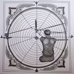 the drawing of a man who is holding a bow and arrow,a drawing of a man swinging a bow at an arrow,a drawing of a man shooting a bow,a man on a wall with a pen drawing in it,this drawing depicts the back end of a young man with his bow and arrow in his hands