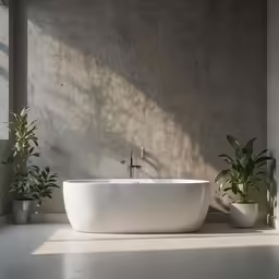 a bathroom with white walls and white bathtub