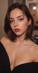 a young woman with long dark hair and bare breasts poses for the camera