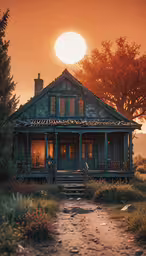 the sun rises over a rustic farmhouse in front of a country scene,a painting of a house on a dirt road